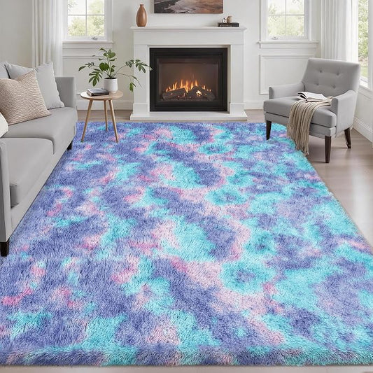 6x9 Area Rugs for Living Room Bedroom: Ultra Soft Fluffy Shag Rug Upgrade Non-Slip Non-Shedding Large Fuzzy Plush Carpet Indoor Floor Carpets for Kids Room Playroom Nursery Dorms Home Rainbow Purple