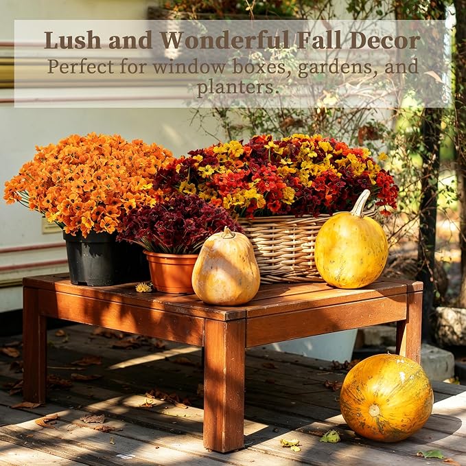 ColoPlay 24PCS Burgundy Artificial Flowers for Outdoors Faux Mums Plant | Artificial Mums for Outdoors/Indoors Faux Mums for Planters, Fall Flowers for Decoration Garden Porch Box Home Farmhouse