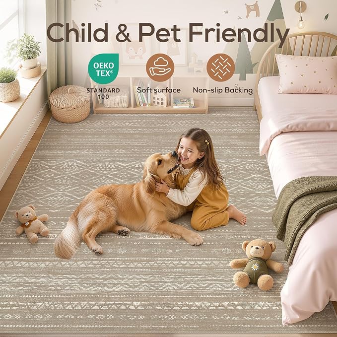 Nakagishi Area Rug Living Room Rugs: 10x14 Large Soft Machine Washable Boho Moroccan FarmNeutral Stain Resistant Indoor Floor Carpet for Bedroom Under Dining Table Home Office Decor-Dark Brown