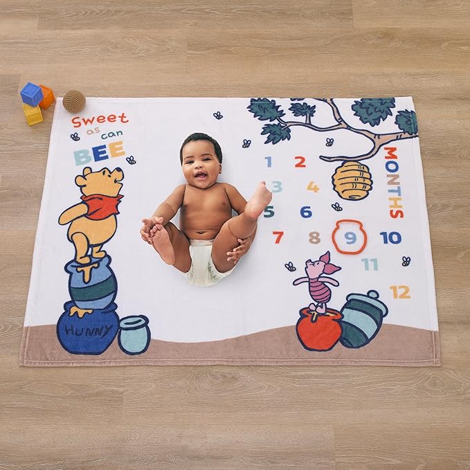 NoJo Disney Winnie The Pooh White, Blue, and Yellow Sweet As Can Bee Super Soft Photo Op Milestone Baby Blanket