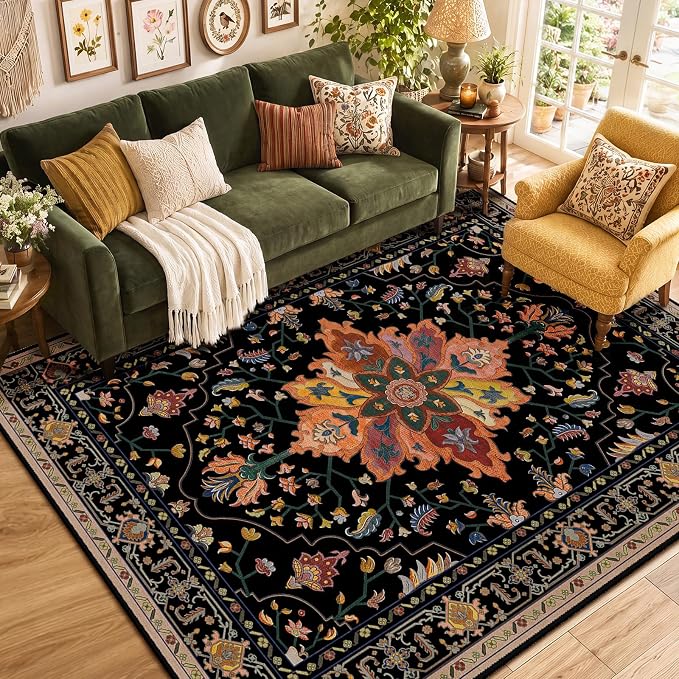 RELEANY Area Rugs 5'x7' Washable Non-Slip, Floral Vintage Distress Medallion Carpet for Living Room Bedroom Dining Room, Black Colorful Floral Dark Tan