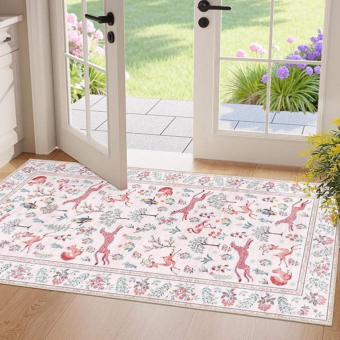 DUKINO 2x4 Rug for Entryway, Animal Washable Runner Rug for Kitchen, Pink | Non Slip, Low Pile, Stain Resistant Thin Indoor Carpet for Hallway, Bedroom, Bathroom, Laundry, Pet Friendly, Non-Shedding