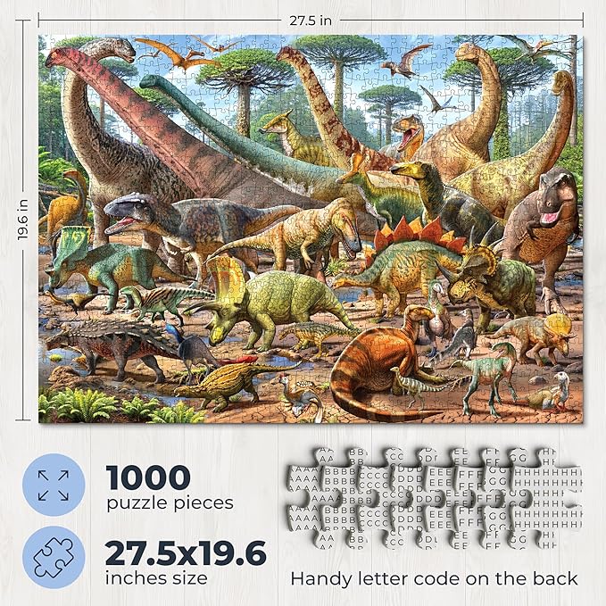 Dinosaur Scene - Jigsaw Puzzles for Adults 1000 Pieces - Hand Drawn Illustration - 1:1 Poster with Dino Names & Marks Included - Thick Cardboard No Puzzle Dust - Fun & Engaging Screen-Free Time