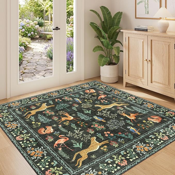 DUKINO 4x4 Square Area Rug, Washable Animal Rug for Entryway, Black | Non Slip, Low Pile, Soft Indoor Carpet for Bedroom, Kitchen, Office, Kids Room, Farmhouse, Pet Friendly, Stain Resistant