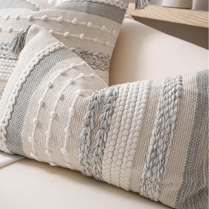 Gray Boho Decorative Throw Pillow Cover 18x18 Square Farmhouse Accent Cushion for Couch Sofa Livingroom Bedroom Pillowcase Modern Home Décor (Pack of 1)