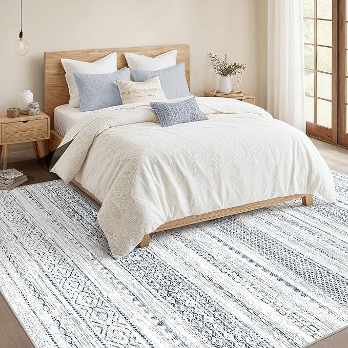 Nakagishi 9x12 Area Rugs Living Room: Washable Boho Large Neutral Soft Farmhouse Rug Stain Resistant Modern Indoor Floor Non-Slip Carpet for Bedroom Nursery Kids Playroom Office Dining Dorm-White Blue