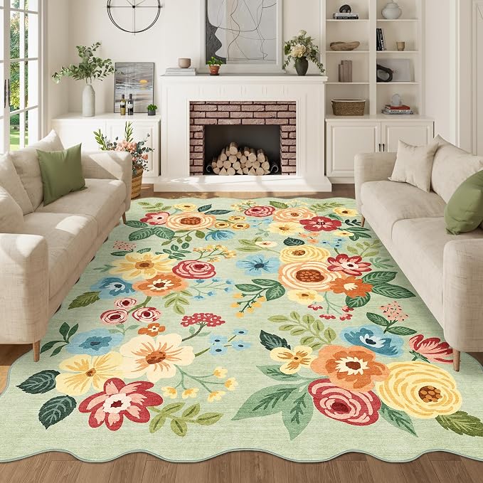 DUKINO 5x7 Area Rugs for Bedroom, Floral Washable Rug Non Slip, Green | Low Pile, Soft, Stain Resistant Throw Rugs for Living Room, Dining Room, Office, Nursery, Pet Friendly, Modern Home Decor