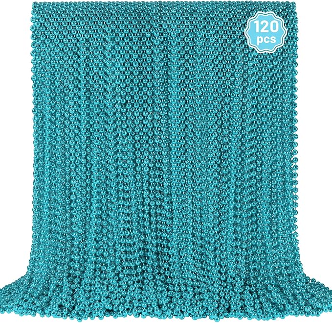 YAXINRUI 120 PCS Teal Bead Necklaces, Teal Mardi Gras Beads, 33 Inch Round Beaded Necklaces School Spirit Day Necklace for Mardi Gras Party Christmas Festive Events, Party Favors