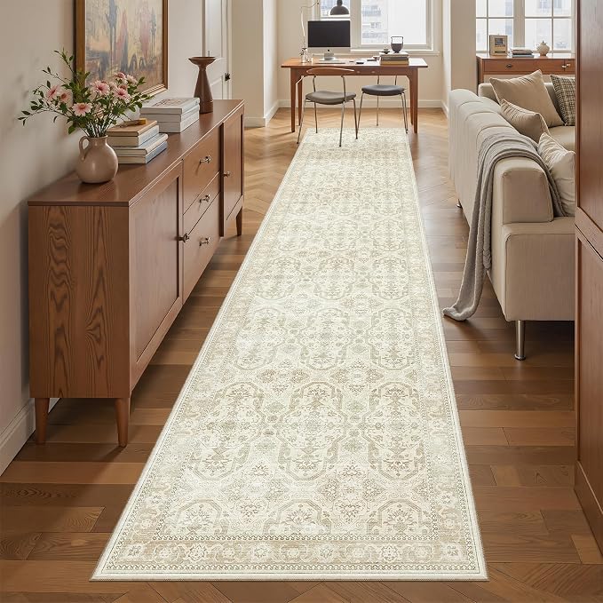 Soalmost Runner Rug 2x10 Washable Hallway Kitchen Runners Beige/Brown | Non-Slip Vintage Rugs for Bathroom Laundry Room, Soft Low Pile Foldable Floor Carpet Mat for Entryway Corridor Bedroom