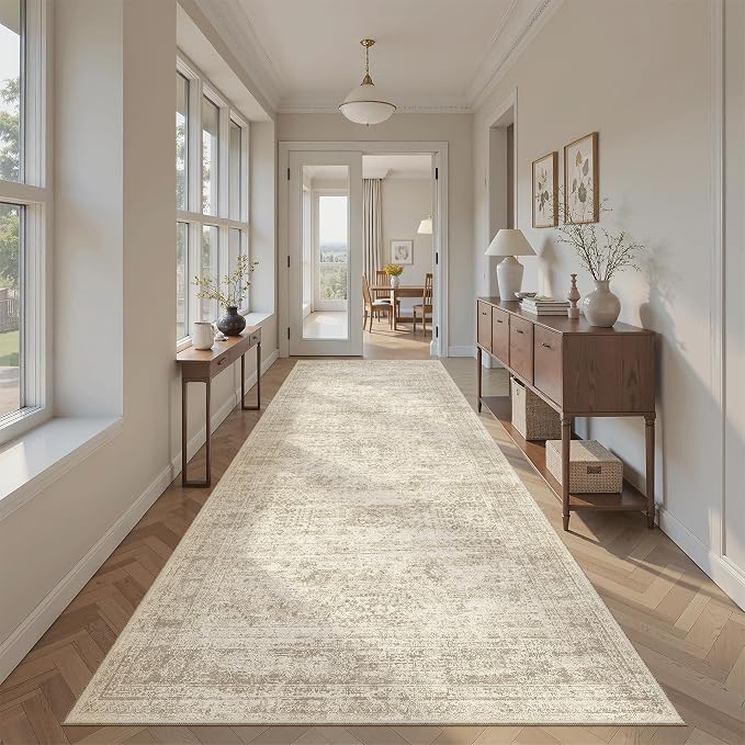 Soalmost Washable 4x8 Hallway Runner Rug Non-Slip Kitchen Entry Rugs Beige | Vintage Wide Runners for Living Dining Room Entryway, Foldable Low-Pile Floor Carpet Mat 8ft for Corridor Foyer Bedroom