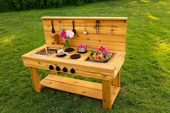 Noble Toys XL Cedar Outdoor Mud Kitchen Centered with Backsplash and Stovetop for Toddlers Kids | Pretend Play Table | Sensory Table | Outside Playset | Real Wooden Kitchens | Preschool Equipment