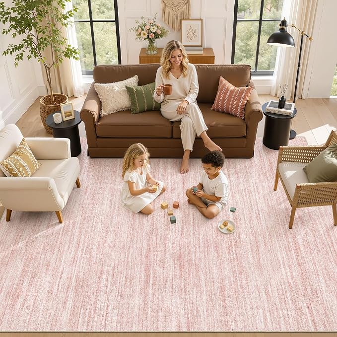 Nakagishi 7X9 Area Rugs Living Room: Washable Large Vintage Rug Neutral Non-Slip Soft Stain Resistant Indoor Carpet for Bedroom Nursery Dining Room Office Playroom - Pink
