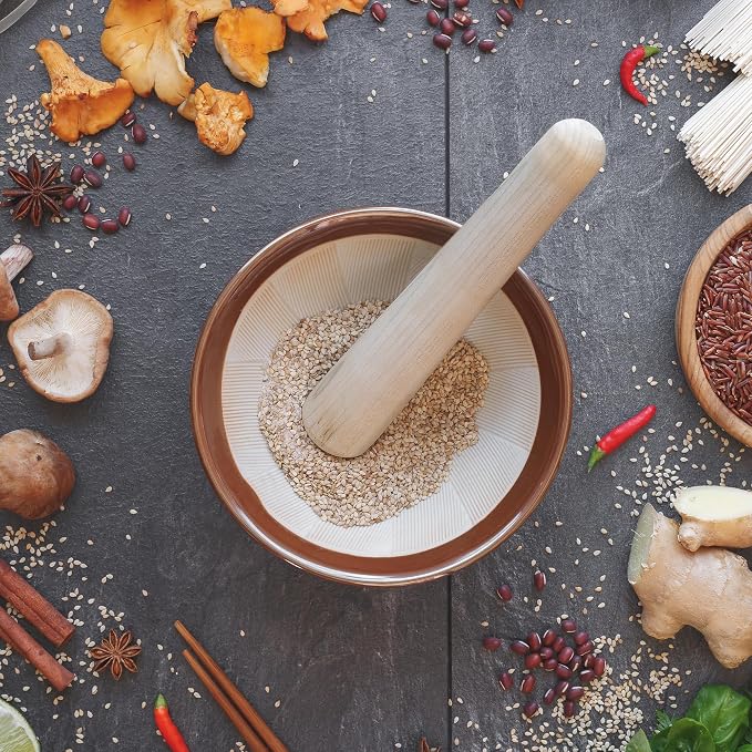 Helen's Asian Kitchen Classic Suribachi Set, Japanese Ceramic Mortar Bowl and Wooden Pestle for Grinding Sesame Seeds, Herbs, and Spices