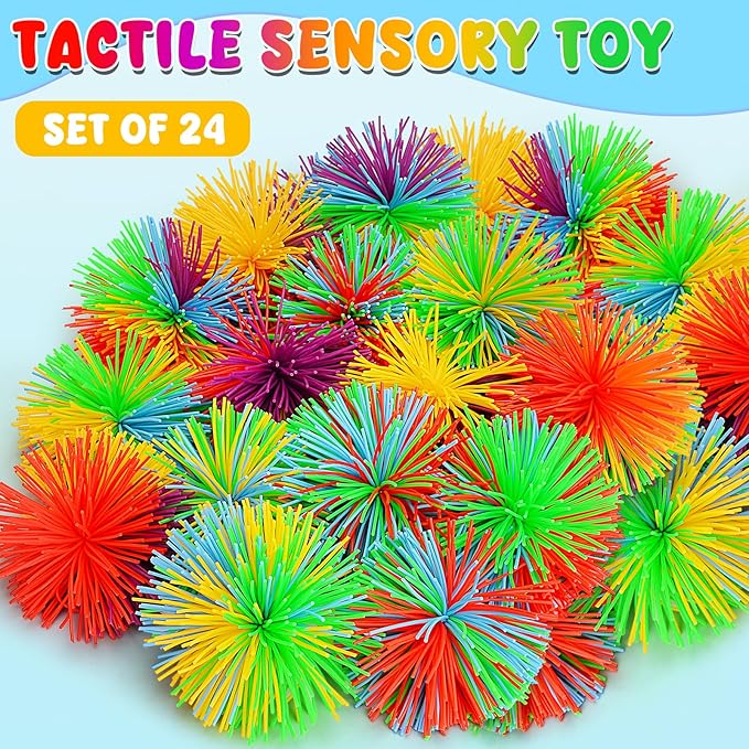 24PCS Stringy Balls, Sensory Stringy Ball, 2.75 inch Soft Rainbow Pom Bouncy, Stocking Stuffers for Kids, Monkey Pom Balls Fidget Toys Stress Ball, Birthday Gifts for Boys, Girls Ages 3+