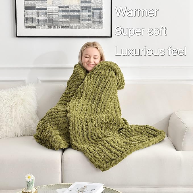 Maetoow Tighter Version Chenille Chunky Knit Blanket Throw,40×50,Olive Green