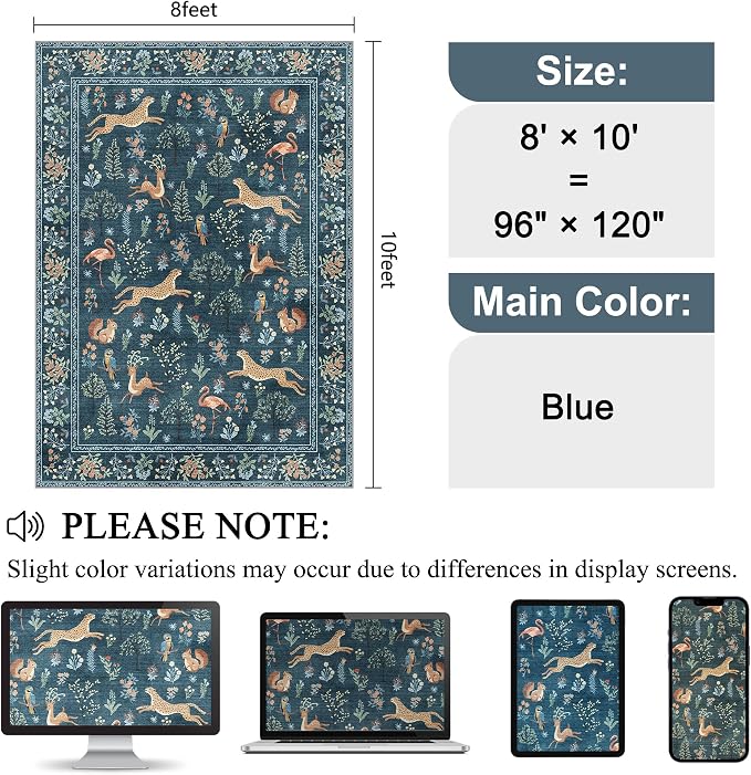 DUKINO 8x10 Area Rugs, Washable Soft Animal Bedroom Rug Non Slip, Blue | Non Slip, Low Pile, Stain Resistant Indoor Large Carpet for Living Room, Dining Room, Kids PlayRoom, Farmhouse, Pet Friendly