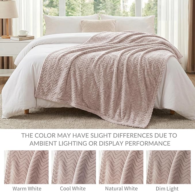 Exclusivo Mezcla Large Fleece Throw Blanket for Couch, Sofa, Camel | 50"x70" Soft Breathable Lightweight Flannel Throws for Summer, Plush Cozy Jacquard Wave Blanket for Home Decor