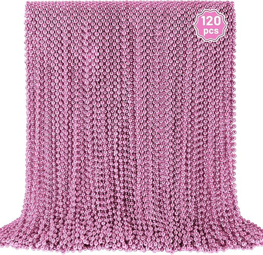 120 PCS Pink Bead Necklace, Pink Mardi Gras Beads, Cancer Awareness Beaded Necklaces, Valentine Necklace, 33 Inch Round Party Beads for Mardi Gras Christmas Cancer Awareness Month Events