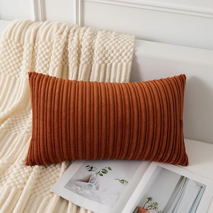 UGASA Fall 14x24 Inch Pillow Cover Pack of 1 Soft Boho Stripe Corduroy Long Rectangle Lumbar Cushion Case Farmhouse Decorative Throw Pilowcase for Bed, Couch, Sofa, Bedroom, Living Room, Burnt Orange