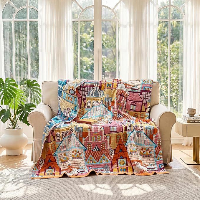 LUTBM Boho Throw Blanket for Bed 60"x80", All Season Cotton Couch Blankets | Reversible Classical Architecture Jacquard, All-Season Twin Lightweight Quilt, For Chair Sofa Bedroom Living Room Decor