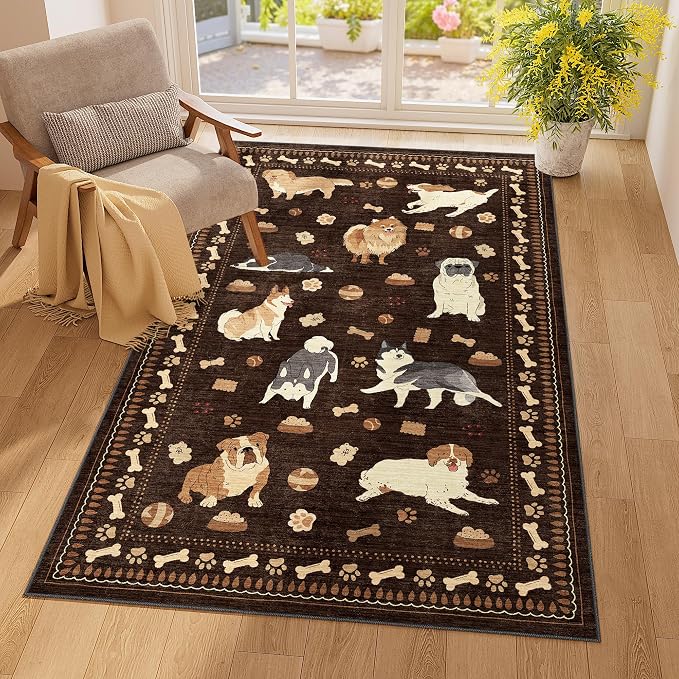 DUKINO 3x5 Rug, Washable Dog Bedroom Area Rug Soft Non Slip, Brown | Low Pile, Non-Shedding, Stain Resistant Animal Carpet for Bathroom Dorm Office Dining Living Room Kitchen, Kid & Pet Friendly