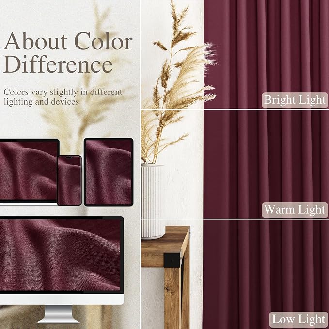 Burgundy Linen Curtains 90 Inch Long 2 Panels Set for Bedroom Living Room Linen Textured Window Drapes Semi Sheer Light Filtering Rod Pocket Back Tab Cotton Textured Farmhouse Curtain 52x90