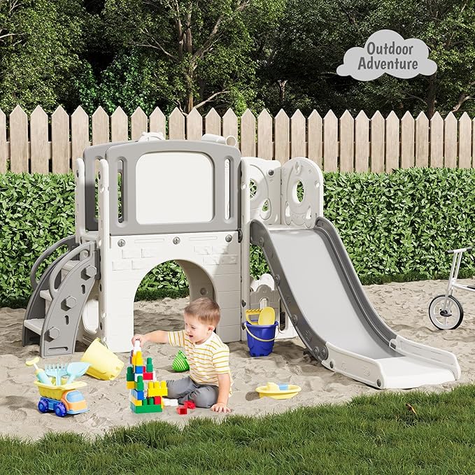 Garvee 8-in-1 Toddler Slide Indoor & Outdoor Playground Playset for Kids-Includes Climber, Basketball Hoop, Telescope, Tunnel, and Storage Space for Backyard & Courtyard Fun