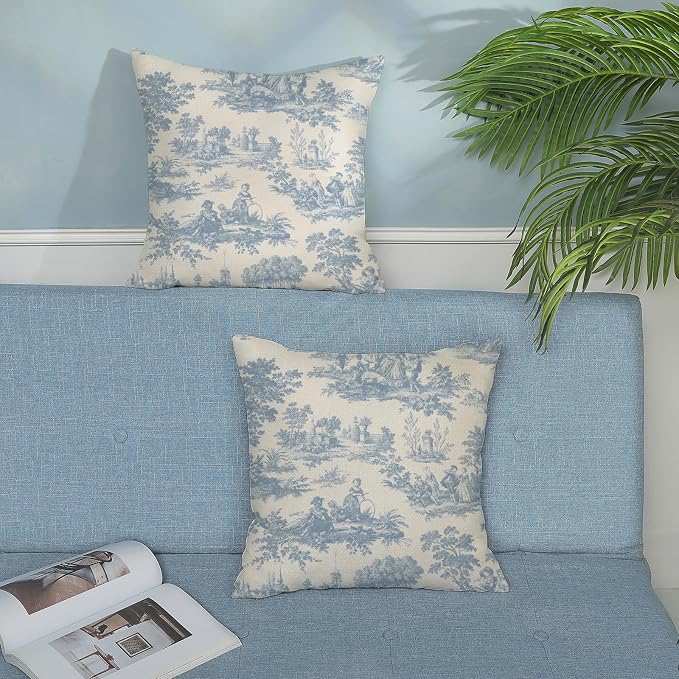 French Country Pillow Covers 20x20 Set of 2 Vintage Baby Blue Toile Throw Pillows Outdoor French Country Decorative Pillowcase Rustic Cottage Farmhouse Cushion Case for Couch Living Room Decor