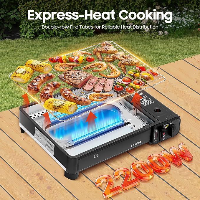 PERFERATE Portable Butane Grill - 7500 BTU Korean BBQ Grill Stove - Tabletop BBQ Camping Grills with Barbecue Kit & Carrying Case for Outdoor Camping, Party, Picnic Cooking