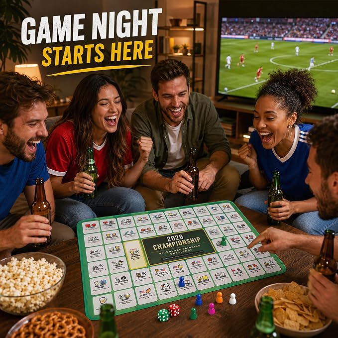 Soccer Drinking Board Game Mat - 13.78 x 19.69 Inch Rubber Waterproof Mat, 50 Party Theme Games for 2-8 Players, Anti-Slip Game Mat with Storage Bag, Chess Pieces Dice Included