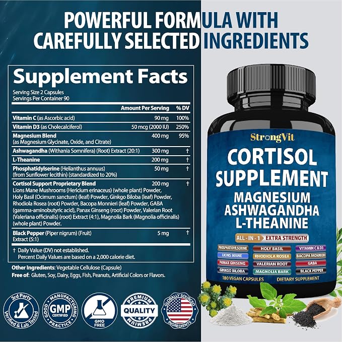 StrongVit Cortisol Supplements for Women and Men with Magnesium, Ashwagandha & L-Theanine. High Cortisol Reducer, Manager, Detox, Lower and Control. Sleep Support & Stress Relief, USA (180 Capsules)