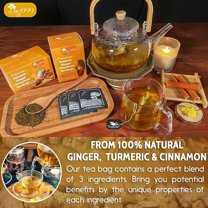 TOG999, Premium 15 Tea Bags Turmeric, Ginger, Cinnamon, 100% Natural, Hand-made Blend of Turmeric, Ginger, and Cinnamon Herbal Tea. Eco-conscious Tea Bags. No Sugar, No Caffeine, No Gluten, Vegan.
