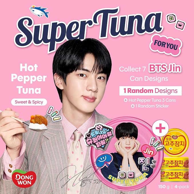 Dongwon Korean Spicy Canned Tuna, BTS Jin Super Tuna Officially Licensed 4-Pack — Collectible ARMY Gift, 1 Jin Can (7 Designs) + 3 Hot Pepper Tuna Cans + Sticker, Skipjack, 5.3oz (150g), Made in Korea