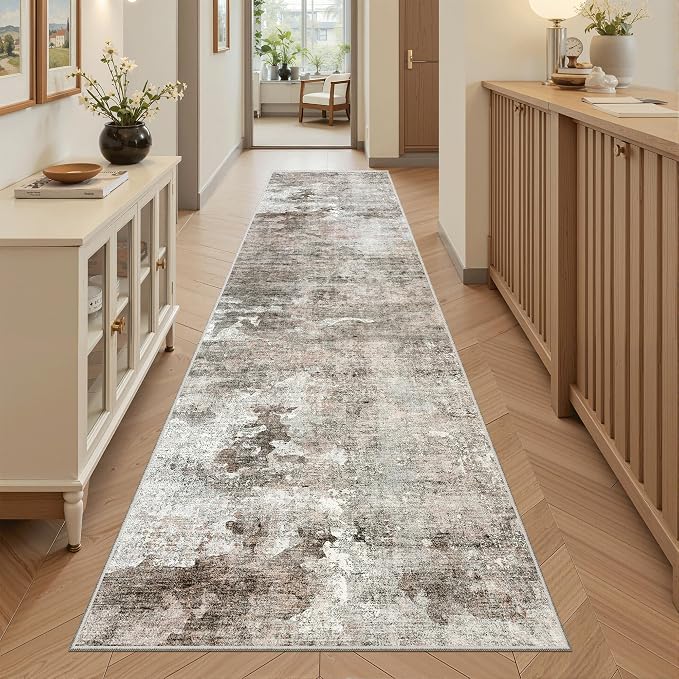 Soalmost Abstract Runner Rug 2x8 Hallway Kitchen Runners Pink/Grey | Vintage Washable Rugs for Bathroom Laundry Room, Low Pile Stain Resistant Floor Carpet Mat Entryway Corridor Bedroom