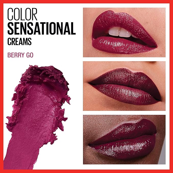 Maybelline Color Sensational Lipstick, Lip Makeup, Cream Finish, Hydrating Lipstick, Nude, Pink, Red, Plum Lip Color, Berry Go, 0.15 oz; (Packaging May Vary)
