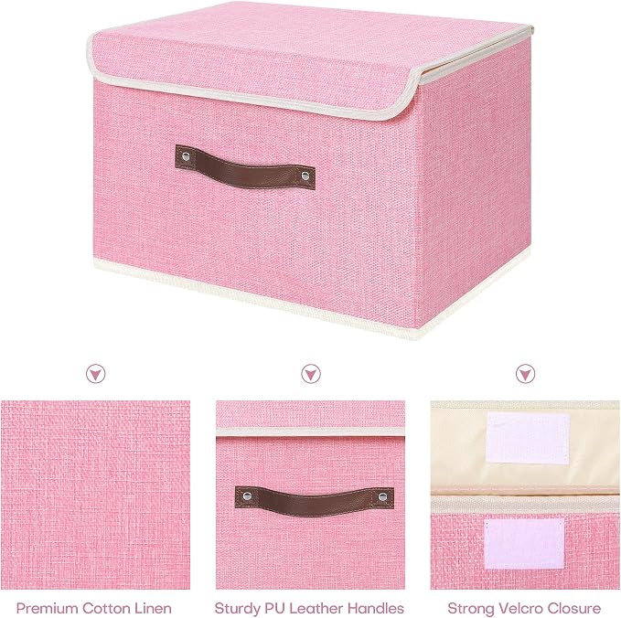 ANMINY Fabric Storage Box Bins with Lids, Pink, 13"x9"x7.9" | Keepsake Memory Storage, Cotton Linen, PP Board Reinforced, Washable, PU Handles, Foldable & Stackable, Decorative, Medium