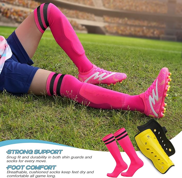 brooman Kids Firm Ground Soccer Cleats Boys Girls Football Shoes with Shin Guards and Soccer Socks