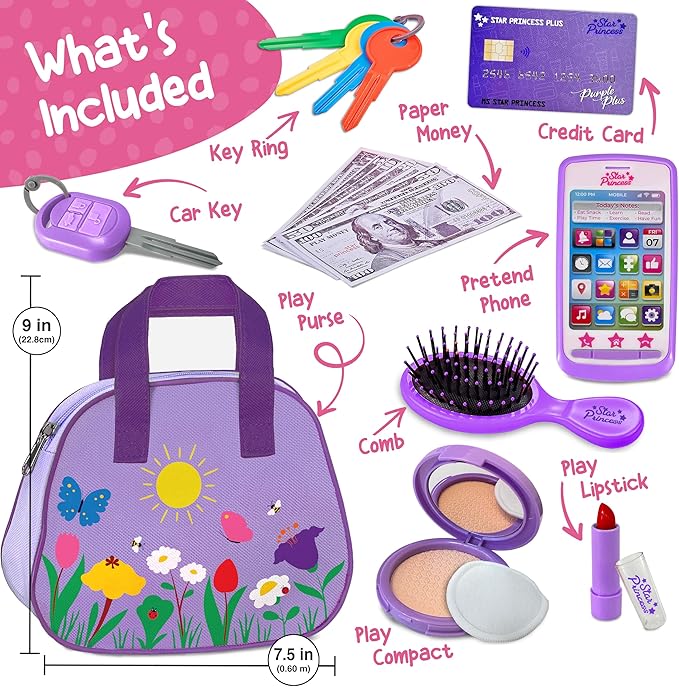 Toddler Play Purse for Kids with Accessories, Toys for Girls with Pretend Makeup, Keys, Smartphone, Dress Up Toy Purse for Toddlers and Kids, Birthday Gift for Little Toddler Girls Age 3 4 5 6, Purple