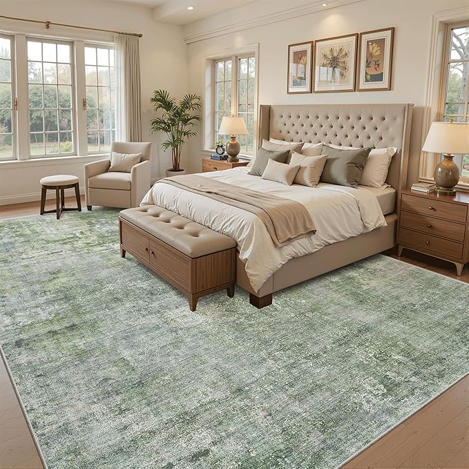 Soalmost Abstract Rug 8x12 Large Living Room Area Rugs Washable Green/Ivory | Modern Non-Slip Carpet for Dining Bedroom, Stain Resistant Foldable Thin Low Pile Floor Mat Under Table Home Office Decor