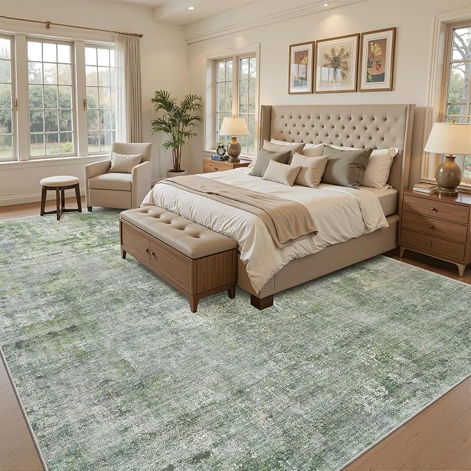 Soalmost Abstract Rug 8x10 Large Living Room Area Rugs Washable Green/Ivory | Modern Non-Slip Carpet for Dining Bedroom, Stain Resistant Foldable Thin Low Pile Floor Mat Under Table Home Office Decor
