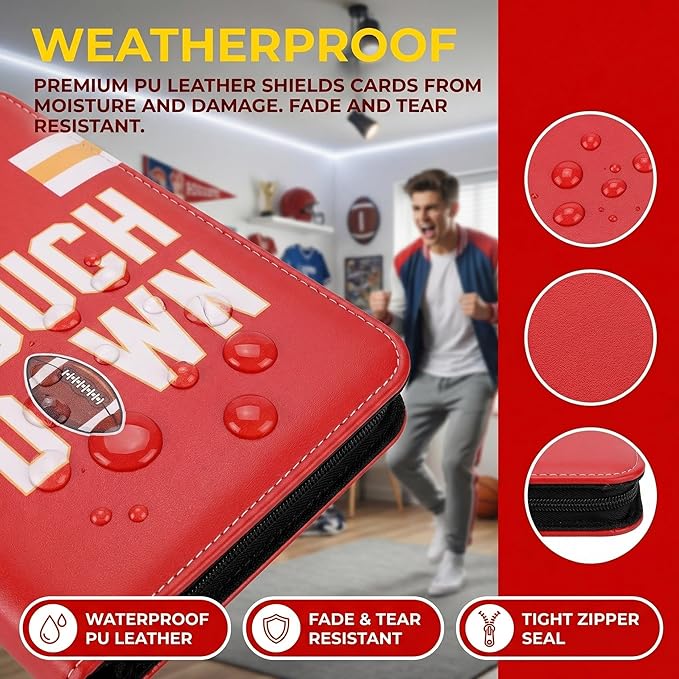 HBK Football Card Binder 400 Pockets Trading Card Holder 3-Ring Sports Album 50 Pages PU Leather Waterproof Case for Standard Cards Red Yellow
