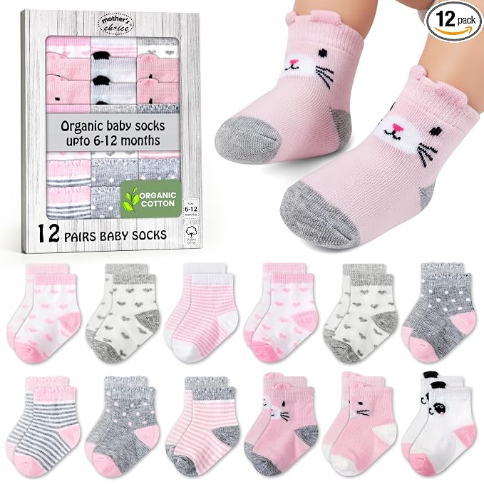 Mother's Choice Organic Cotton Baby Socks 6–12 Months, 12 Pairs Socks Boys Cotton Socks Soft Hypoallergenic Breathable Gentle On Baby Skin Comfortable Daily Wear Essentials For Newborns