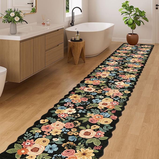 DUKINO 2x12 Washable Runner Rug, Floral Long Runner Rug for Hallway, Black | Non Slip, Low Pile, Soft Throw Rug Runner for Kitchen, Entryway, Bedroom, Bathroom, Pet Friendly, Home Decor, Non-Shedding