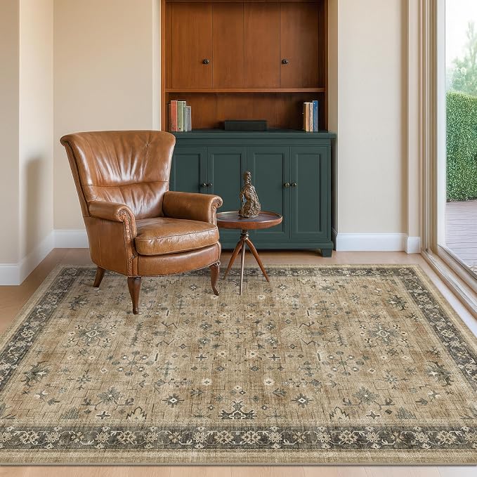 Boho Earth Tone 4x6 Large Entryway Rug - Distressed Natural Taupe Washable Mudroom Area Rug, Modern Vintage Kitchen Floor Carpet, Low Pile Non-Slip Carpet for Door Mat Indoor Entrance
