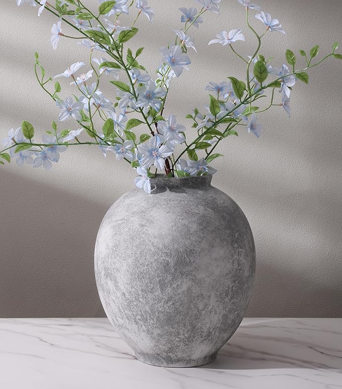 Starttag Large Ceramic Vase, 9.8 inch Rustic Farmhouse Flowers Vase for Home Decor, Sandstone Texture Round Pottery Tall Vase Indoor for Table Living Room Decor, Grey