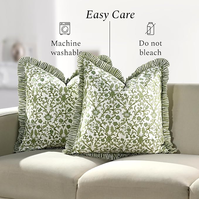 CPC Meadow Vine Hand Block Print 100% Cotton Ruffle Throw Pillow Cover 24x24 inch with Hidden Zipper Decorative for Couch, Bed, Sofa, Farmhouse, Cottagecore Decor Gift Christmas Fall Thanksgiving