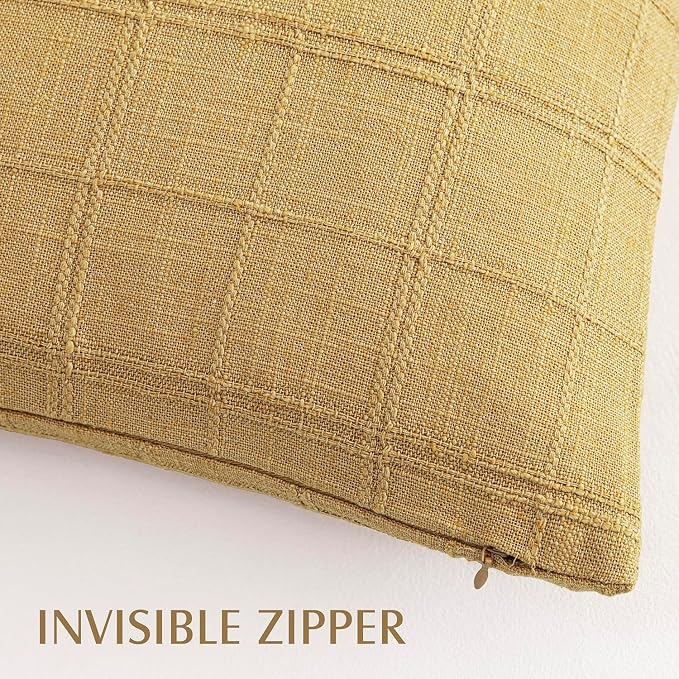 Foindtower Set of 2 Decorative Linen Check Throw Pillow Covers Neutral Farmhouse Vintage Cushion Covers Modern Boho Accent Home Decor for Sofa Chair Couch Bedroom Living Room,26×26 Inch,Amber Gold