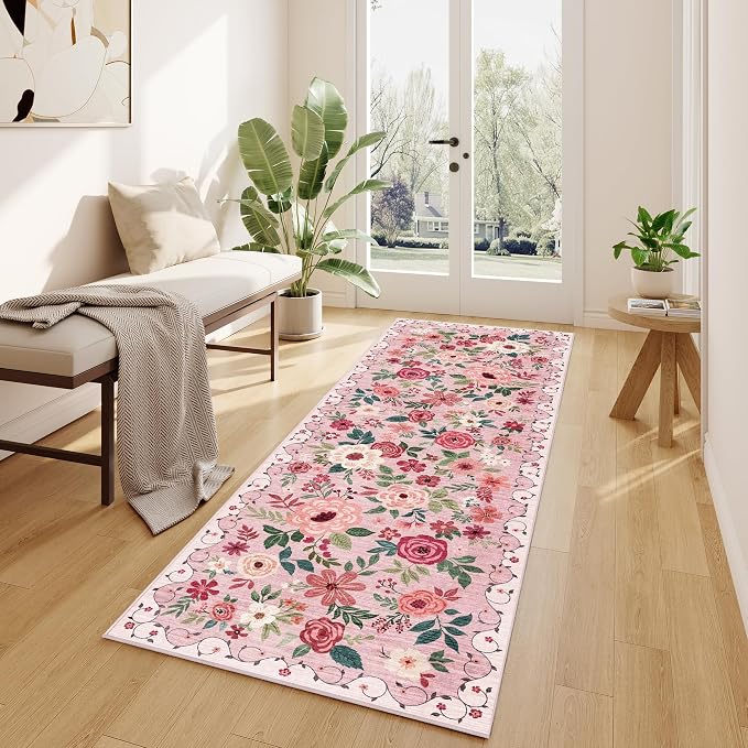 DUKINO 2x10 Runner Rug, Floral Washable Kitchen Runner Rug Non Slip, Pink | Soft, Low Pile, Stain Resistant Indoor Rug Runner for Hallway, Entryway, Bedroom, Bathroom, Laundry, Pet Friendly, Home Decor