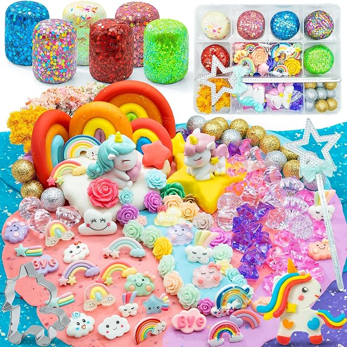 SIMPLIPLAY Unicorn Sensory Dough Kit, 6PCS 18oz Glitter Doughs with Accessories(120 Pcs+), Non-Toxic Colorful Sensory Dough for Girls Gift with Cutter, Unicorn Toys, Improve Fine Motor Skills