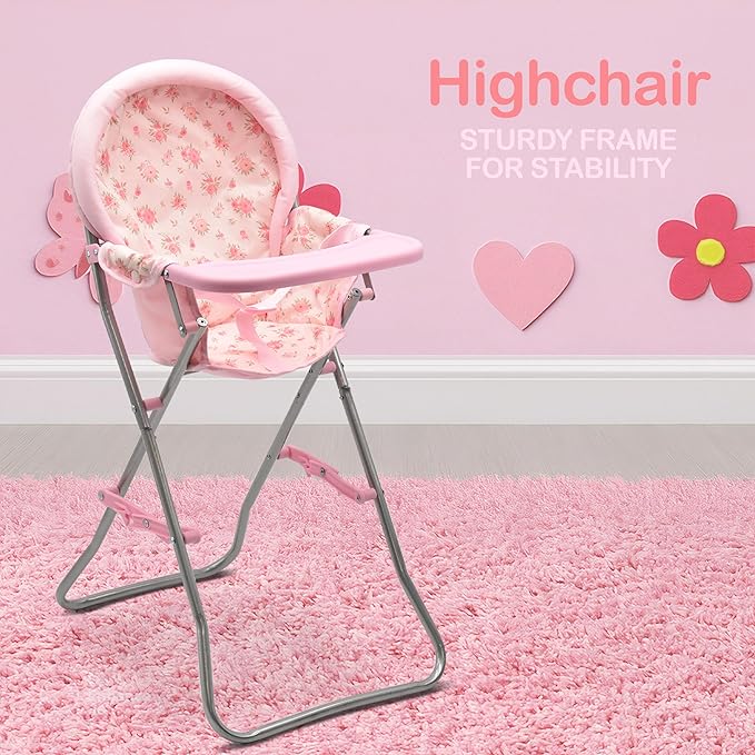 Baby Doll Stroller Bed and Seat Nursery Playset, Baby Doll Accessories Furniture Set High Chair Diaper Bag Role Play Deluxe Baby Doll Floral Set